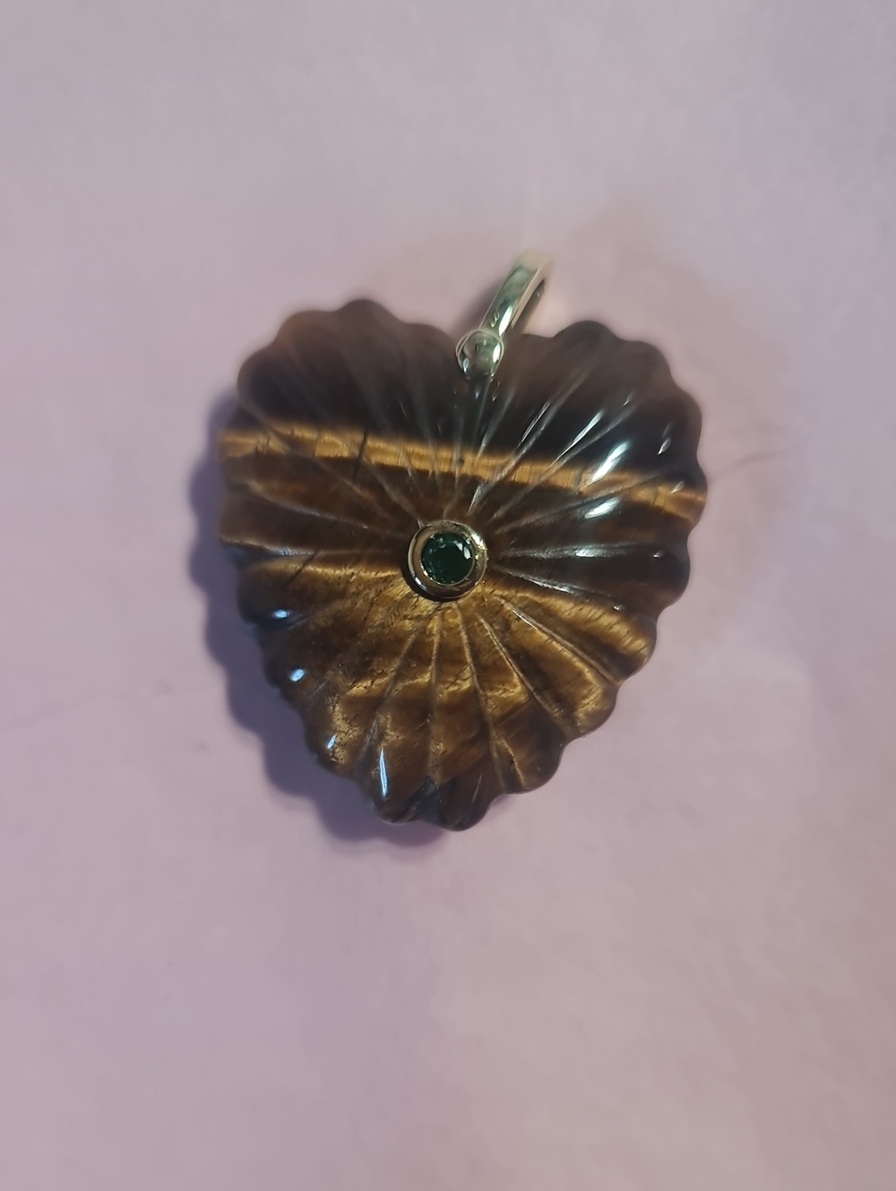 Heart-Shaped LARGE Tiger Eye Pendant with Green Accent Stone